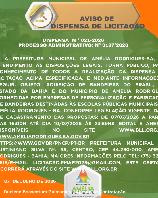 AVISO DISPENSA DE LICITAÇÃO Nº 021-2026