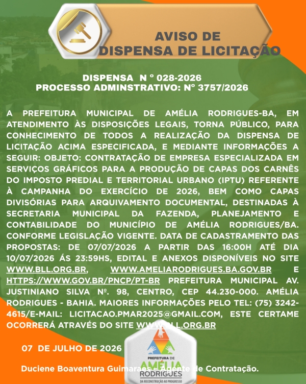 AVISO DISPENSA DE LICITAÇÃO Nº 028-2026