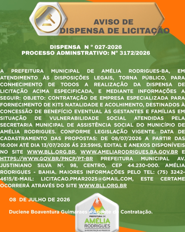 AVISO DISPENSA DE LICITAÇÃO Nº 027-2026