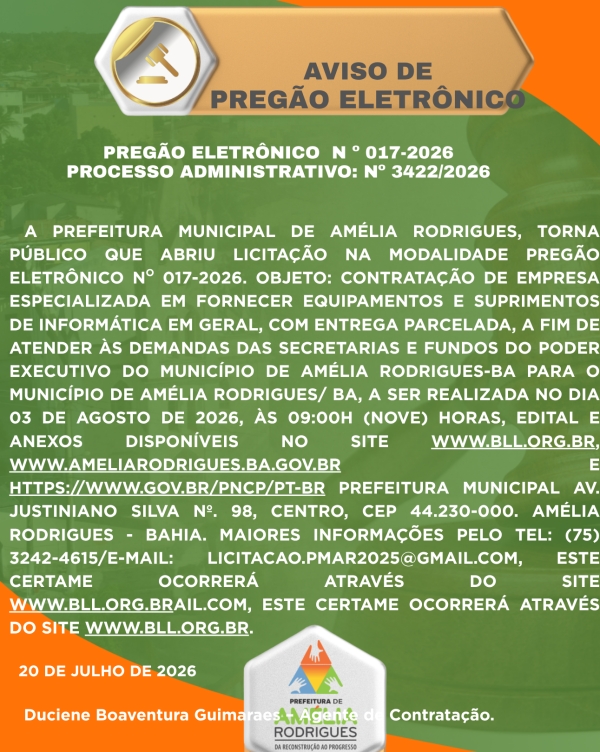AVISO DE PREGÃO ELETRÔNICO Nº 017-2026